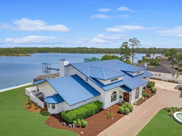 drone / aerial view with a water view