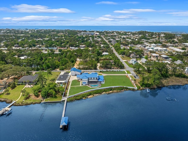 bird's eye view with a water view