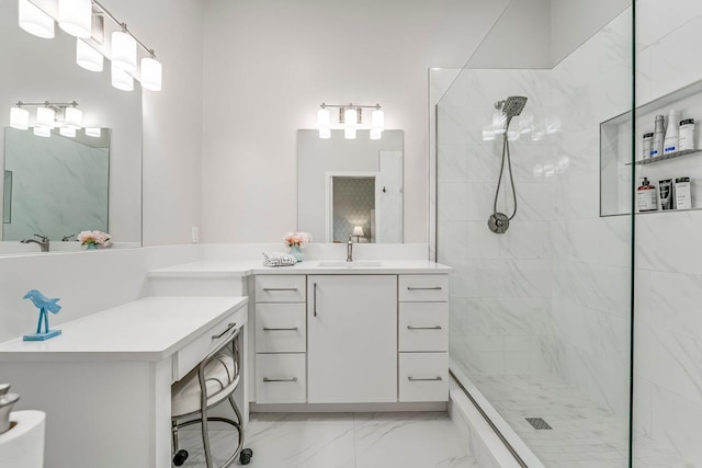 full bathroom with a walk in shower, marble finish floor, and vanity