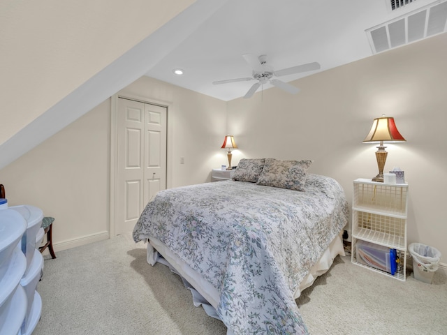 carpeted bedroom with recessed lighting, a closet, visible vents, ceiling fan, and baseboards