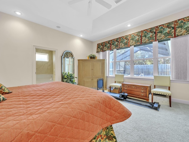 carpeted bedroom featuring baseboards, a ceiling fan, and recessed lighting