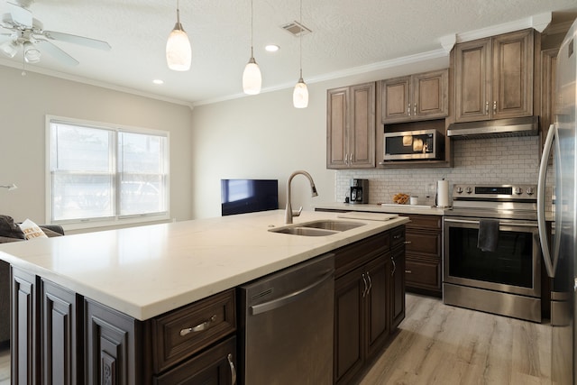 kitchen with a sink, crown molding, under cabinet range hood, and stainless steel appliances