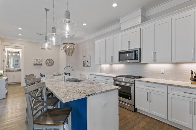 kitchen featuring stainless steel appliances, a sink, backsplash, and dark wood-style floors