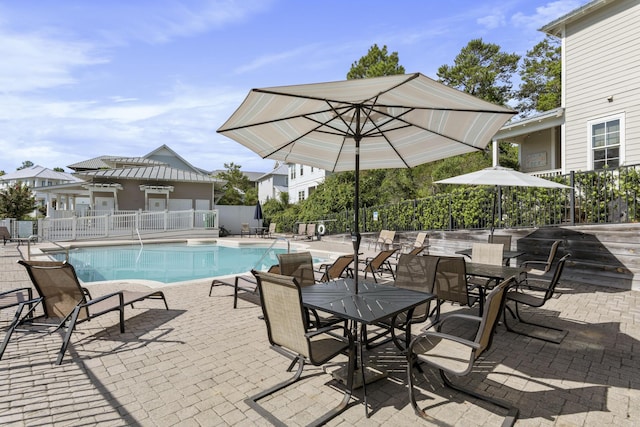 view of pool featuring a patio area, fence, and a fenced in pool