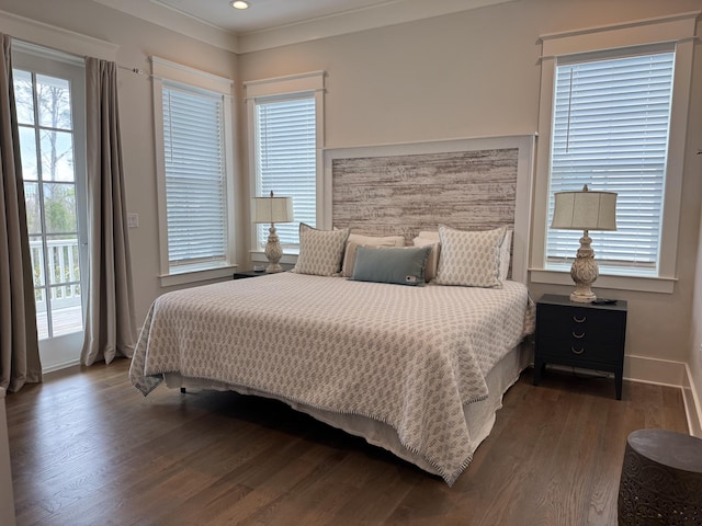 bedroom with dark wood-style floors, access to outside, multiple windows, and baseboards