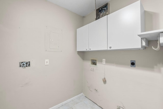 laundry area featuring washer hookup, baseboards, cabinet space, electric panel, and electric dryer hookup