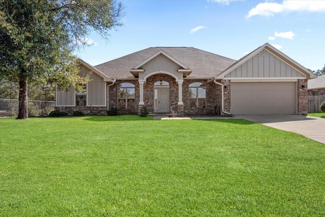 ranch-style house with brick siding, concrete driveway, fence, a garage, and a front lawn