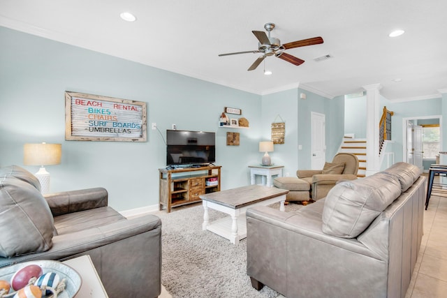 living room with ceiling fan, recessed lighting, visible vents, stairs, and crown molding