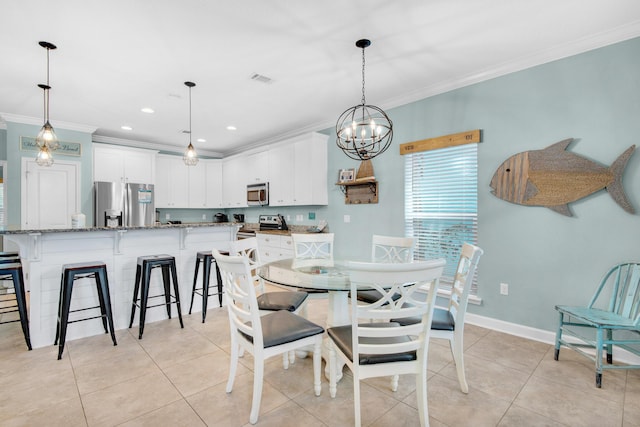 dining room with crown molding, light tile patterned floors, recessed lighting, visible vents, and baseboards