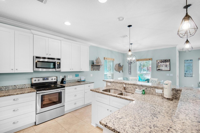 kitchen with light tile patterned floors, a sink, visible vents, appliances with stainless steel finishes, and crown molding