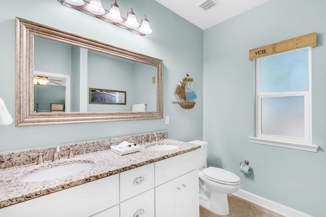 full bathroom with toilet, tile patterned flooring, visible vents, and a sink