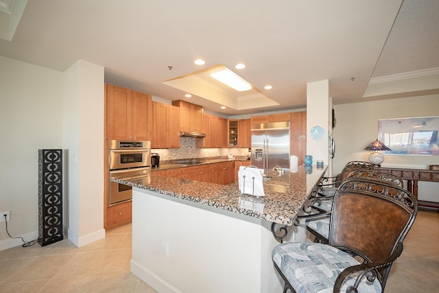 kitchen featuring stone countertops, under cabinet range hood, stainless steel appliances, a tray ceiling, and glass insert cabinets