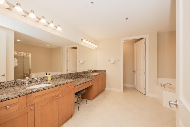 full bathroom featuring a stall shower, visible vents, a sink, and double vanity