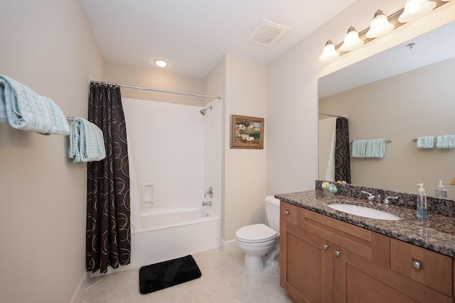 full bathroom with toilet, shower / tub combo, vanity, visible vents, and tile patterned floors