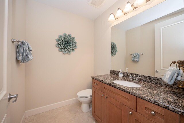 half bathroom with tile patterned flooring, toilet, visible vents, vanity, and baseboards