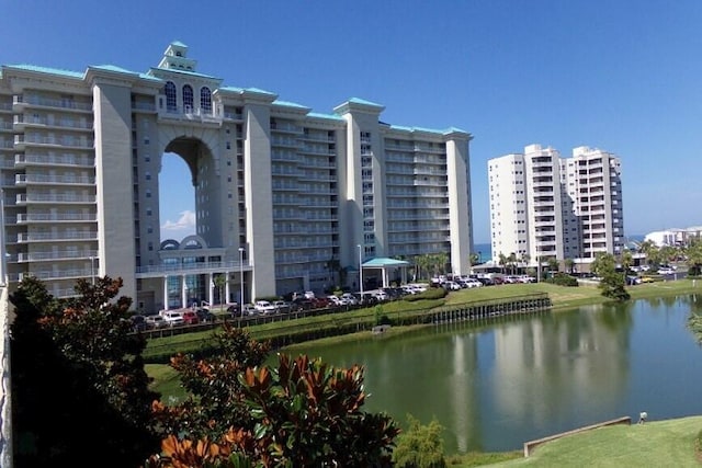 view of building exterior featuring a water view