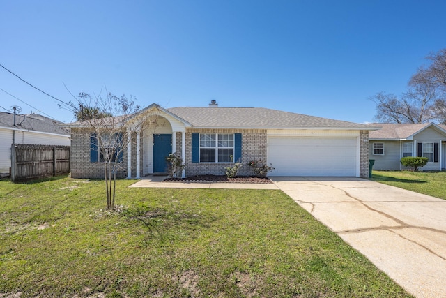 ranch-style home featuring brick siding, concrete driveway, a garage, and a front yard