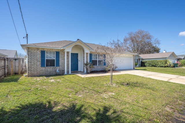 ranch-style house with a front yard, fence, driveway, an attached garage, and brick siding