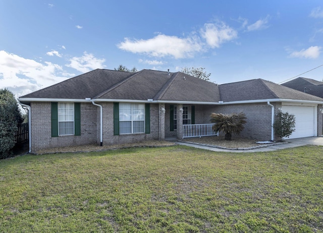 single story home featuring a front lawn, brick siding, a shingled roof, and an attached garage