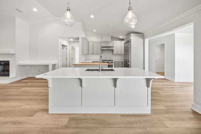 kitchen featuring under cabinet range hood, vaulted ceiling, a sink, and light countertops