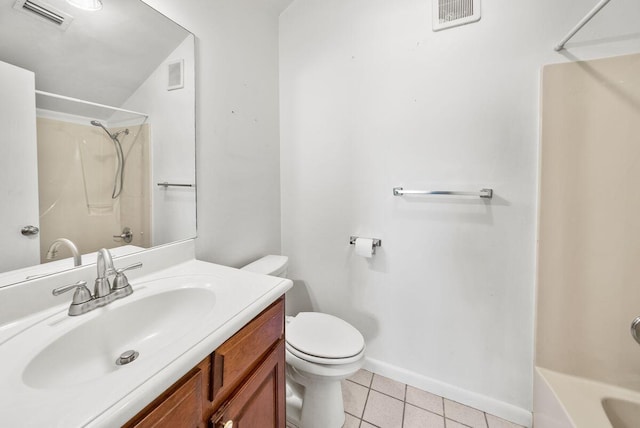 bathroom with visible vents, toilet, tile patterned flooring, bathtub / shower combination, and vanity