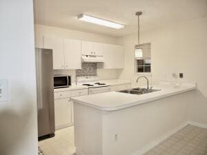 kitchen with range hood, stainless steel appliances, white cabinetry, a sink, and a peninsula