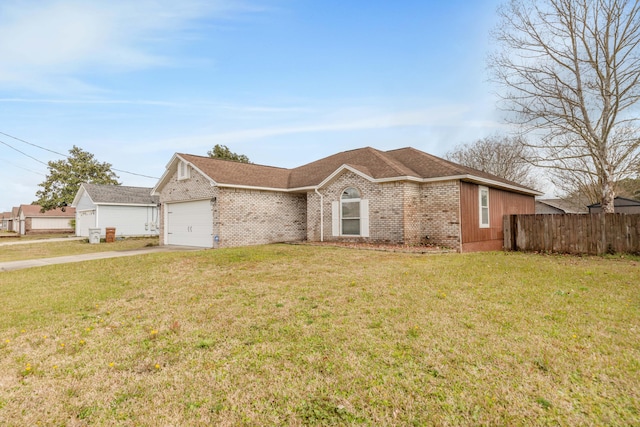 single story home with driveway, a garage, brick siding, fence, and a front yard