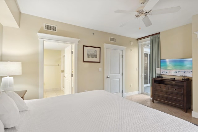 tiled bedroom with ceiling fan, visible vents, ensuite bath, and access to exterior