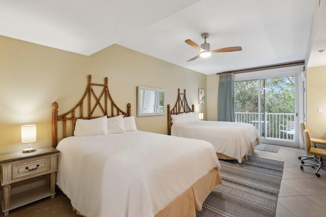 tiled bedroom featuring access to outside and ceiling fan