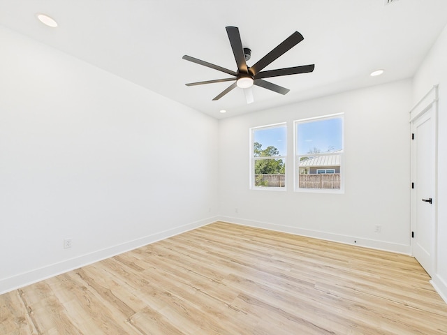 unfurnished bedroom featuring light wood-style floors, recessed lighting, and baseboards