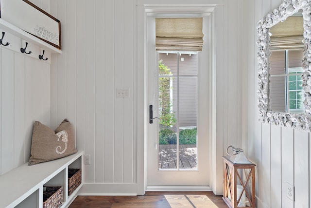 mudroom featuring a healthy amount of sunlight and dark wood finished floors