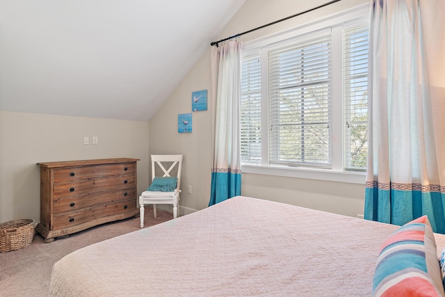 bedroom with carpet and vaulted ceiling