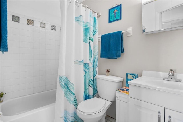 full bathroom with toilet, shower / tub combo, and vanity