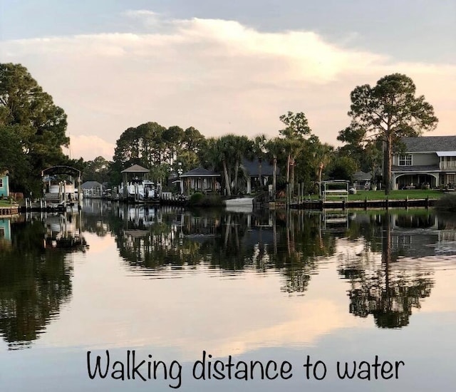 view of water feature with a dock