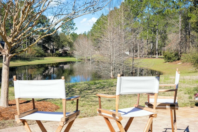 view of yard with a patio and a water view