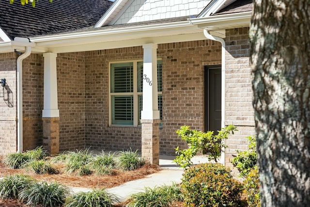 entrance to property with a porch, brick siding, and a shingled roof