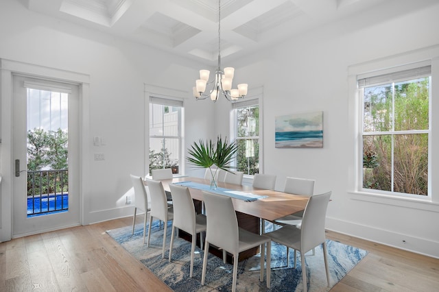 dining room with coffered ceiling, baseboards, light wood-type flooring, and an inviting chandelier