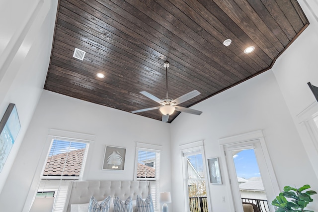 details featuring recessed lighting, wood ceiling, visible vents, and ceiling fan