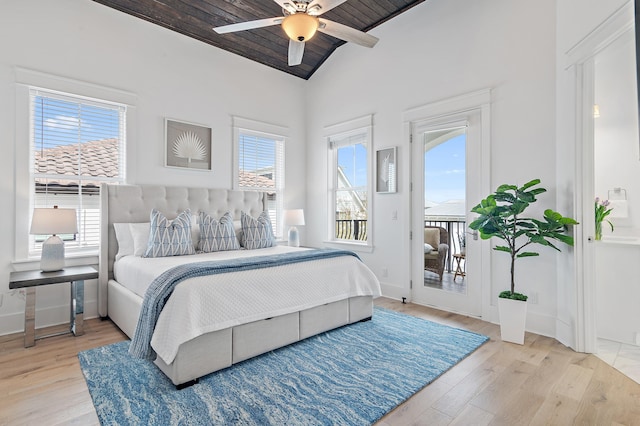 bedroom featuring wood finished floors, baseboards, lofted ceiling, wooden ceiling, and access to outside