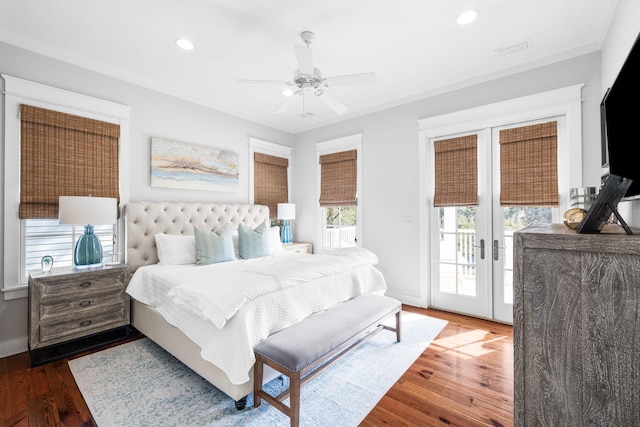 44 Thicket Cir, Santa Rosa Beach, FL 32459 - bedroom with access to exterior, wood finished floors, french doors, recessed lighting, and ceiling fan