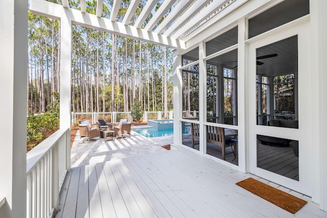 44 Thicket Cir, Santa Rosa Beach, FL 32459 - wooden terrace featuring a pergola, fence, and a pool with connected hot tub
