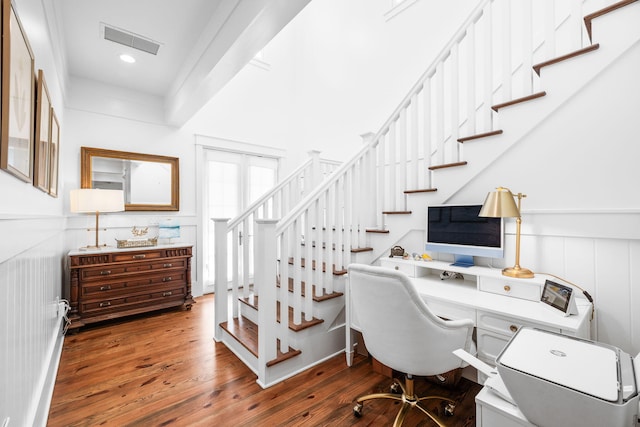 44 Thicket Cir, Santa Rosa Beach, FL 32459 - office with hardwood / wood-style flooring, a wainscoted wall, recessed lighting, and a decorative wall