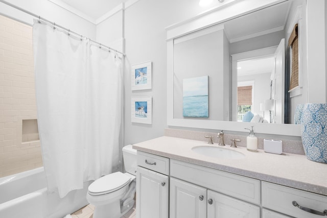 44 Thicket Cir, Santa Rosa Beach, FL 32459 - full bath with toilet, vanity, shower / tub combo with curtain, crown molding, and tile patterned flooring