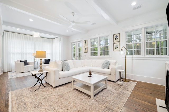 44 Thicket Cir, Santa Rosa Beach, FL 32459 - living area with baseboards, hardwood / wood-style floors, beamed ceiling, a ceiling fan, and recessed lighting