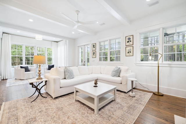 44 Thicket Cir, Santa Rosa Beach, FL 32459 - living room with plenty of natural light, beamed ceiling, hardwood / wood-style flooring, a ceiling fan, and recessed lighting