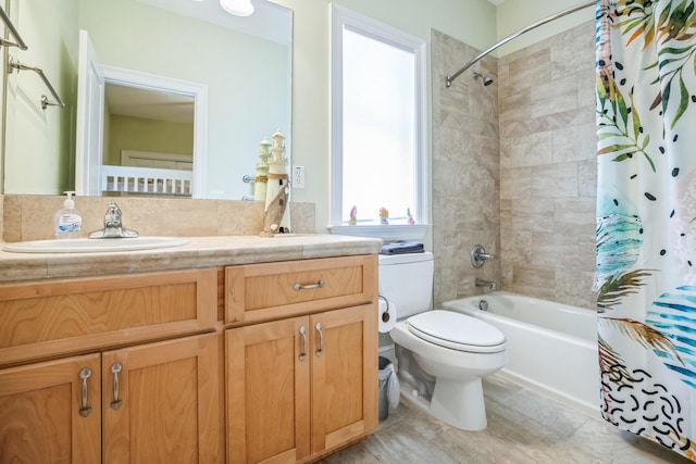 full bath with toilet, shower / bathtub combination with curtain, and vanity