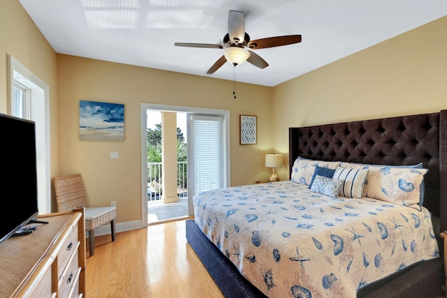 bedroom with ceiling fan, access to outside, light wood-type flooring, and baseboards