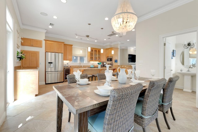 dining room featuring light tile patterned floors, beverage cooler, ornamental molding, a notable chandelier, and recessed lighting