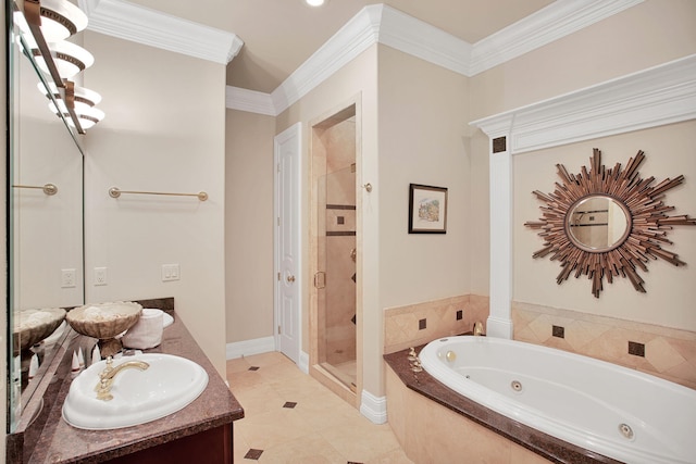 full bath featuring vanity, baseboards, a stall shower, ornamental molding, and a jetted tub