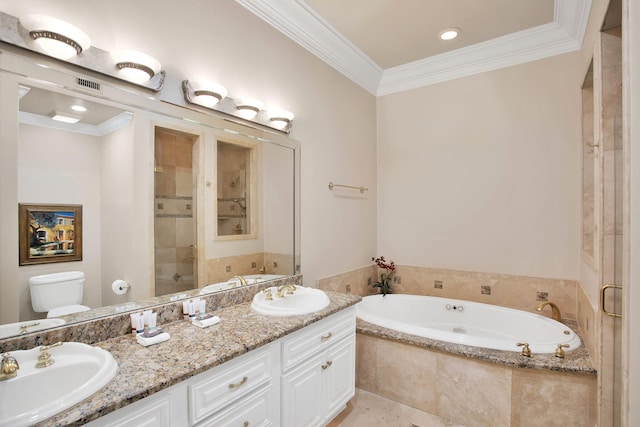 bathroom featuring a bath, toilet, crown molding, and a sink